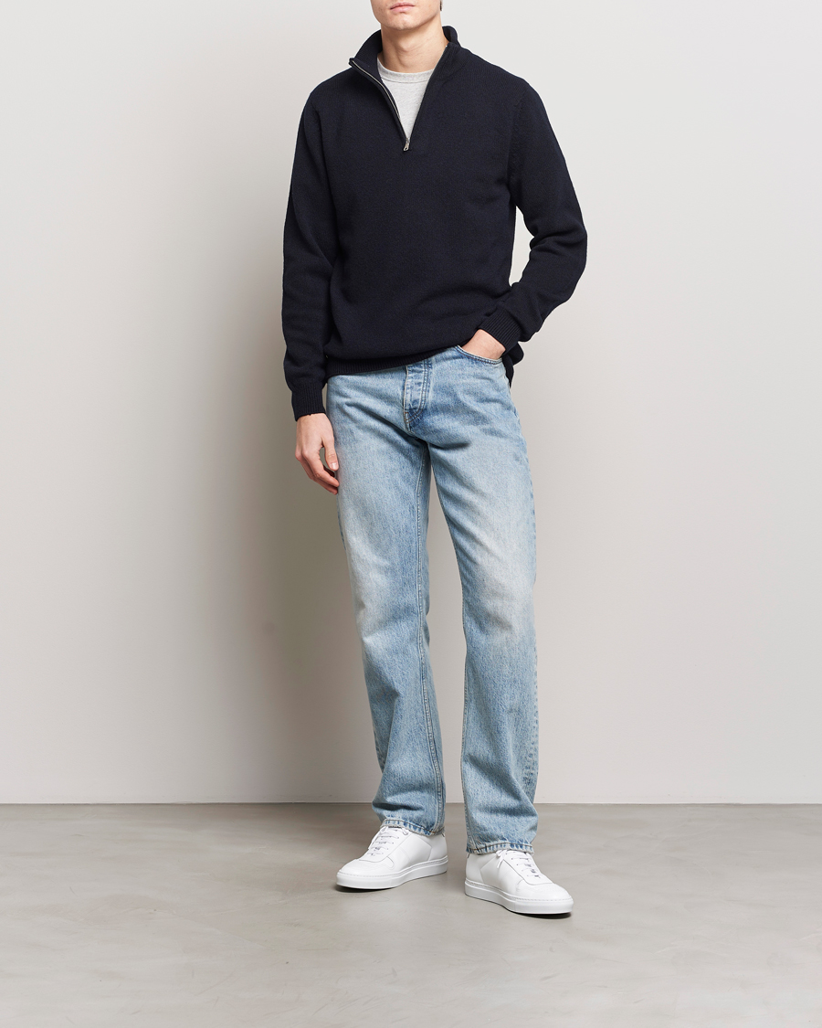 Herren | Pullover | Sunspel | Lambswool Half-Zip Dark Navy Mouline