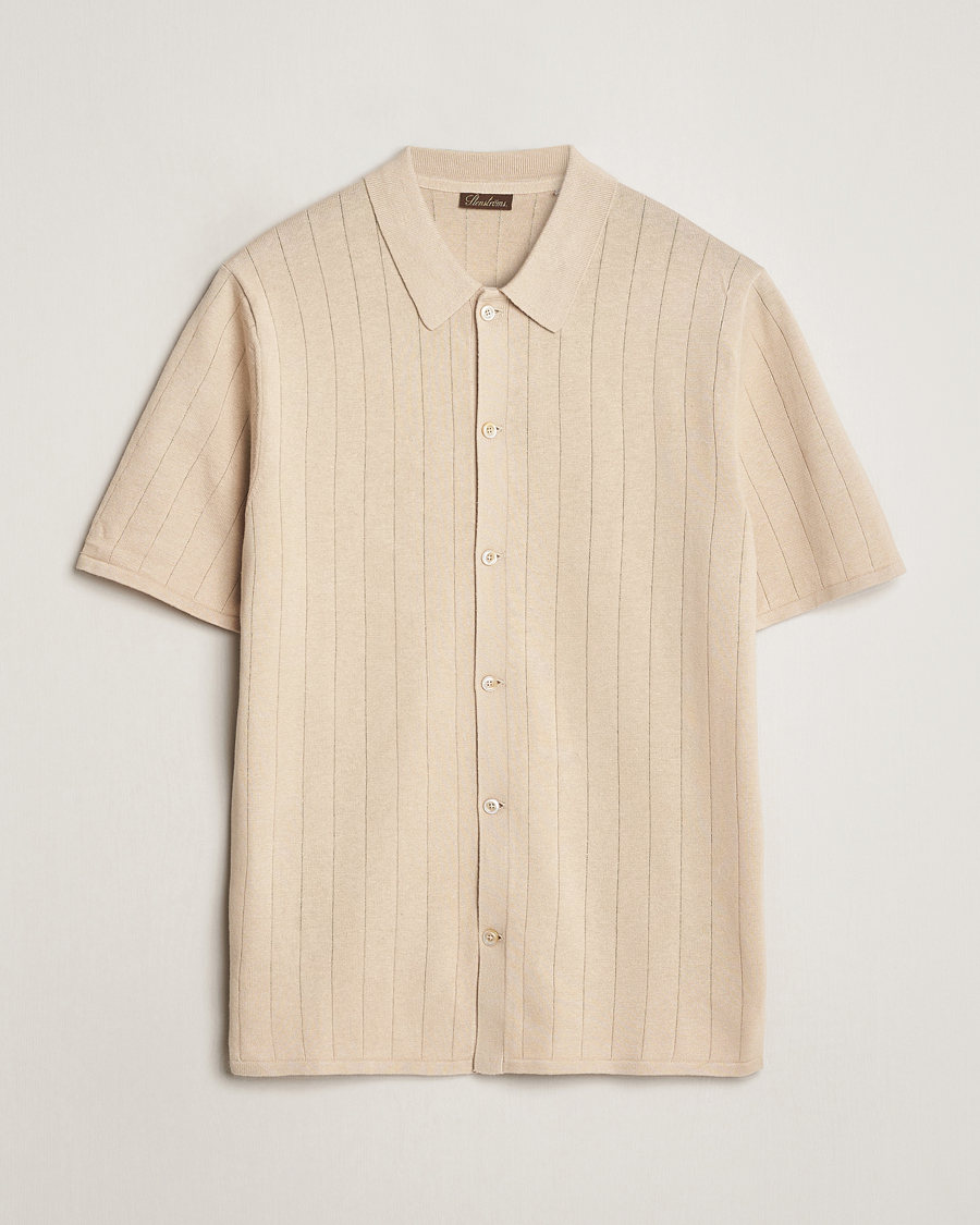 Herren | Poloshirts | Stenströms | Linen/Cotton Rib Knitted Buttonthru Shirt Beige