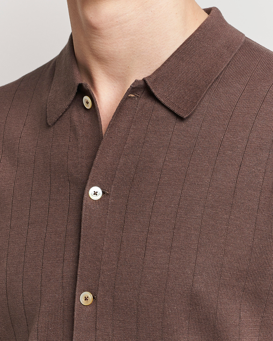 Herren | Poloshirts | Stenströms | Linen/Cotton Rib Knitted Buttonthru Shirt Brown