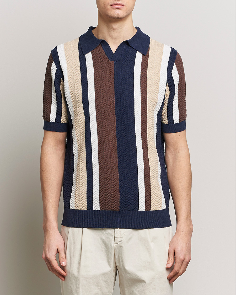 Herren | Neue Produktbilder | Stenströms | Linen/Cotton Striped Crochet Knitted Polo Multi