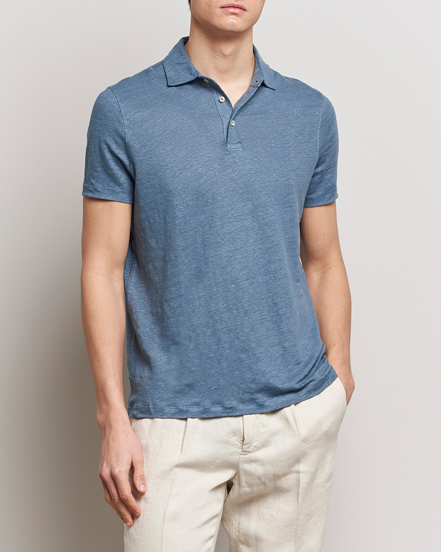 Herren | Kurzarm-Poloshirts | Stenströms | Linen Polo Shirt Steel Blue