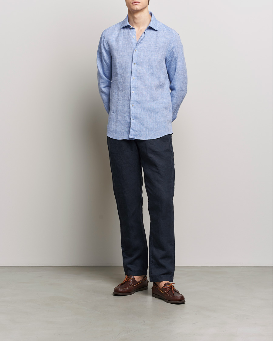 Herren | Hemden | Stenströms | Slimline Cut Away Linen Shirt Blue