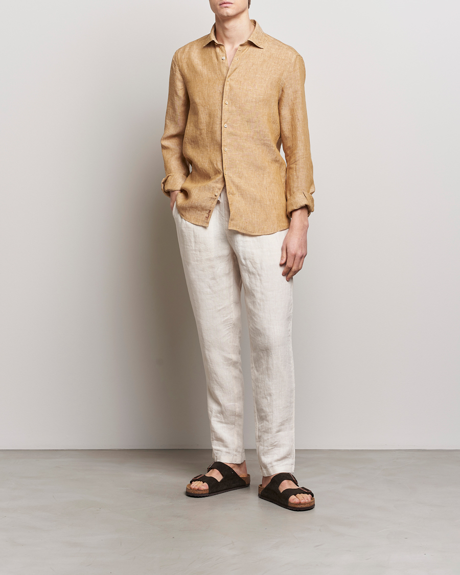 Herren | Hemden | Stenströms | Slimline Cut Away Linen Shirt Brown