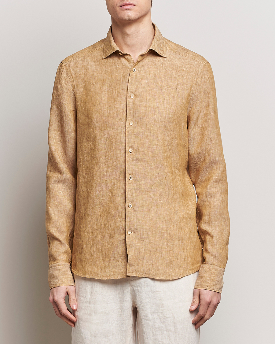 Herren | Hemden | Stenströms | Slimline Cut Away Linen Shirt Brown