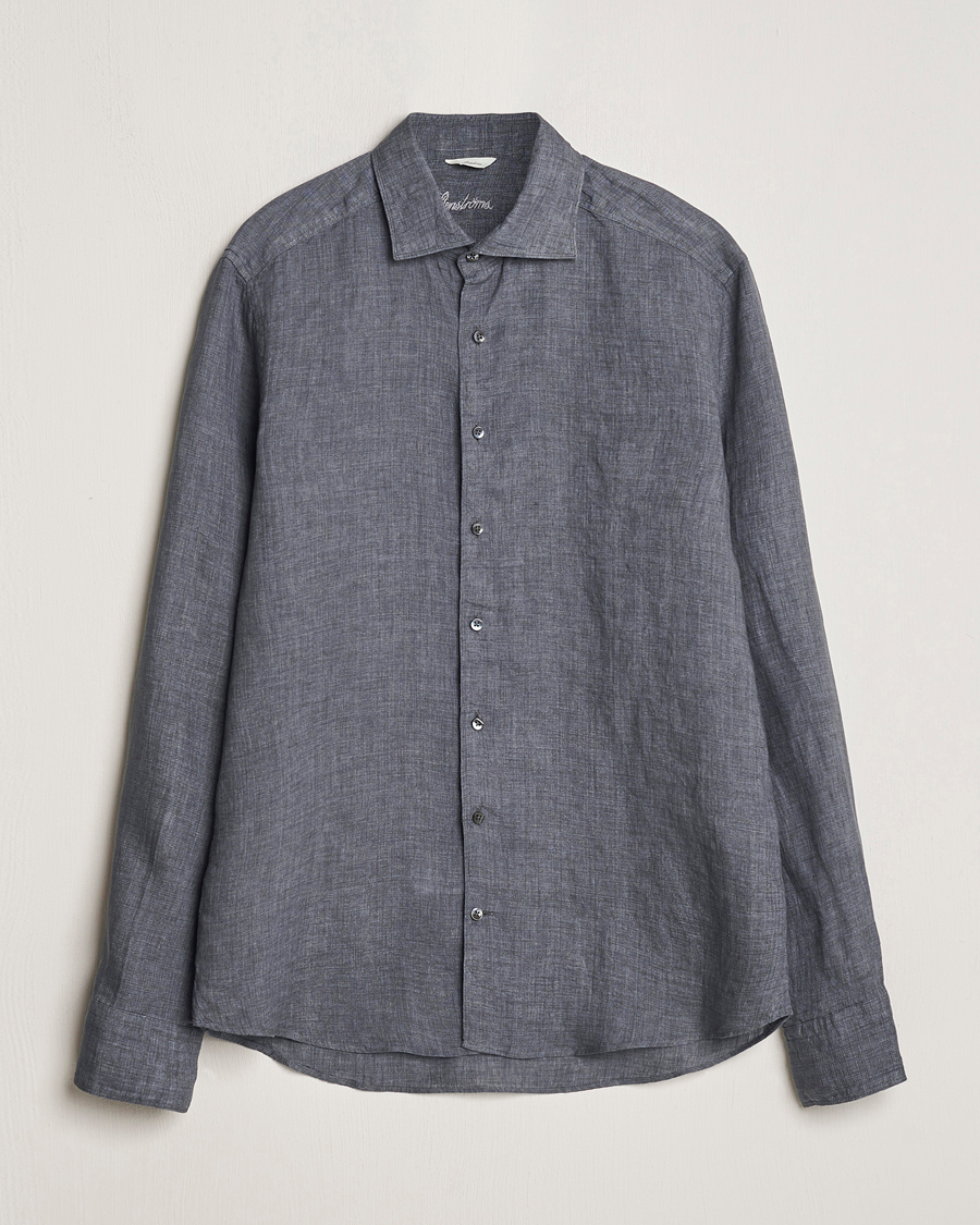 Herren | Hemden | Stenströms | Slimline Cut Away Linen Shirt Dark Grey