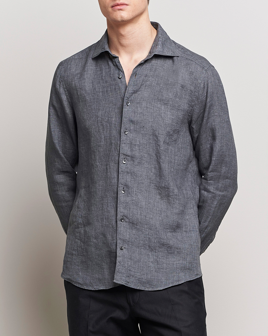 Herren | Hemden | Stenströms | Slimline Cut Away Linen Shirt Dark Grey