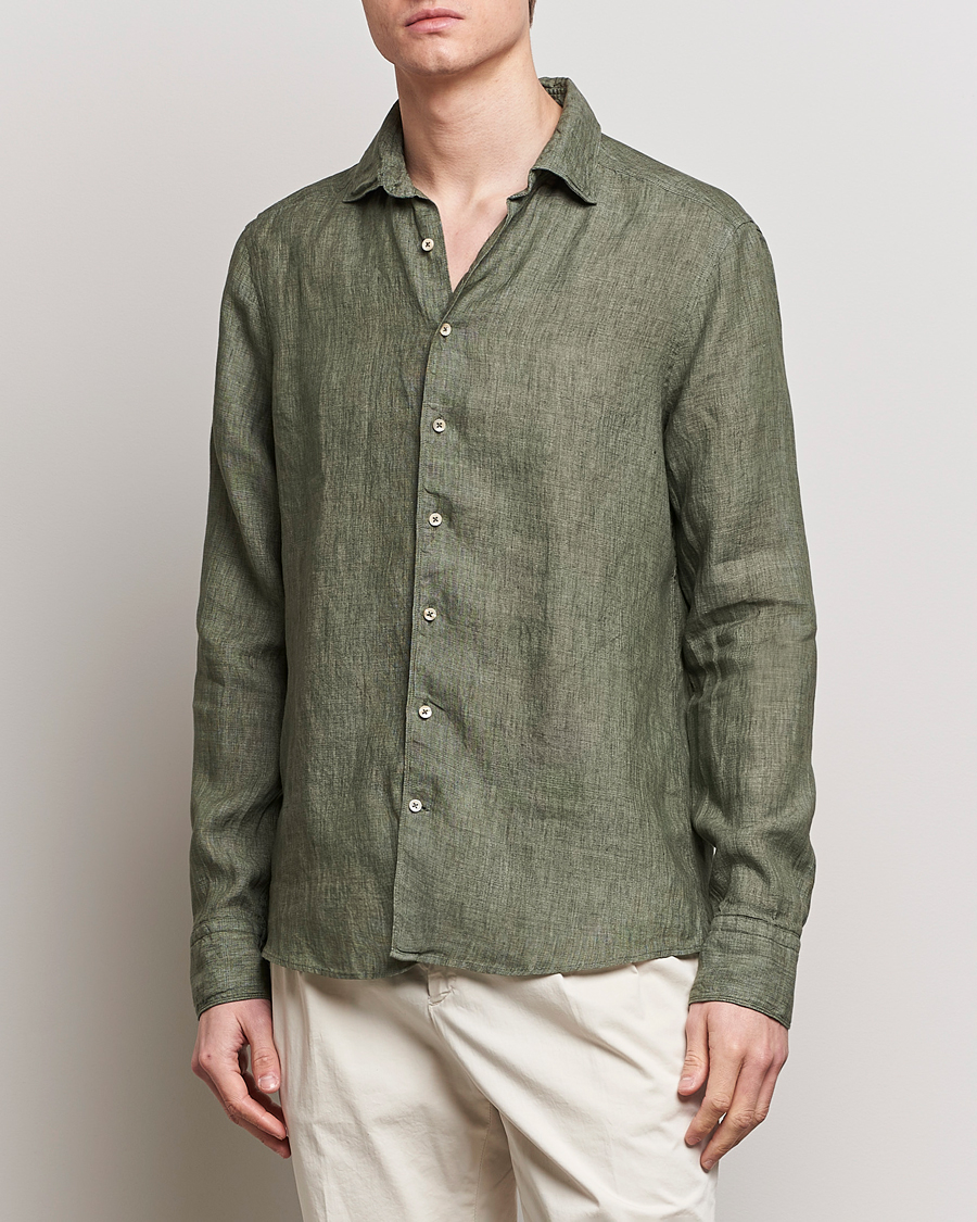Herren | Hemden | Stenströms | Slimline Cut Away Linen Shirt Olive