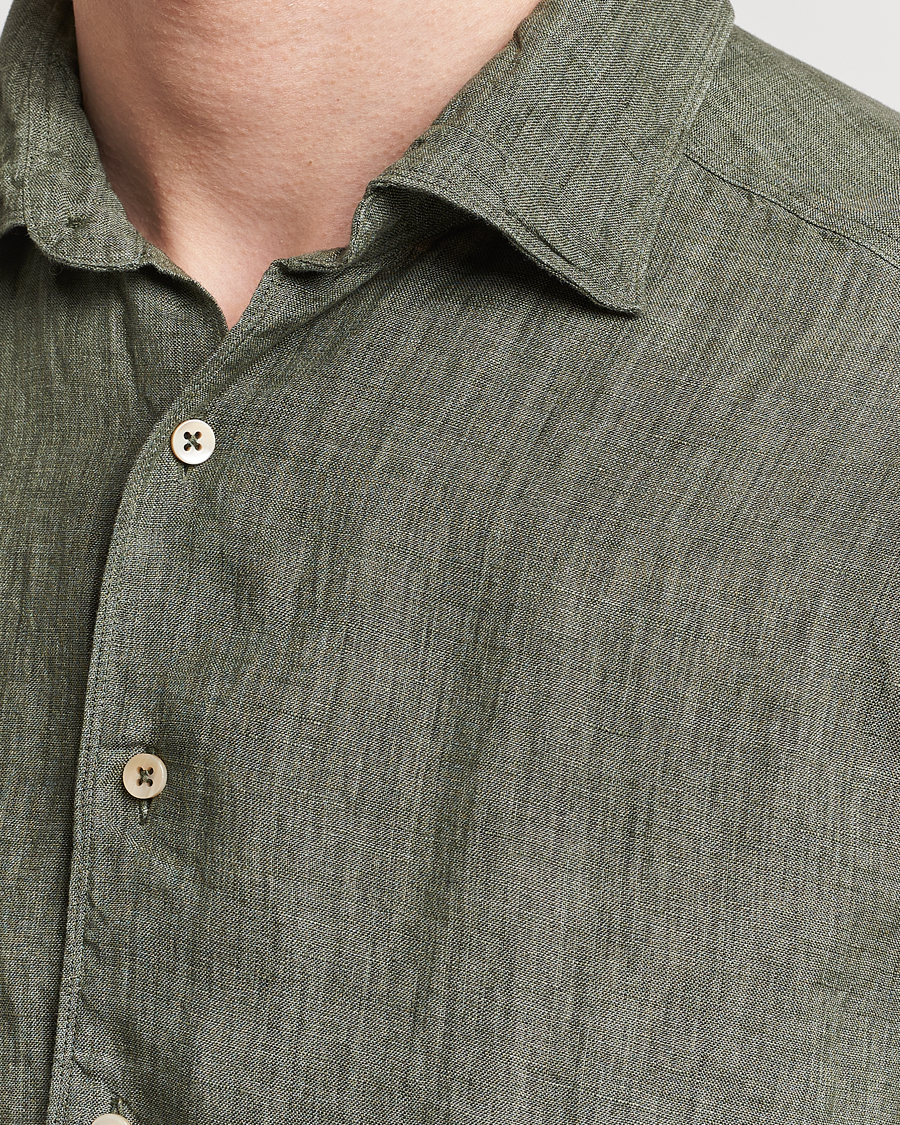 Herren | Hemden | Stenströms | Slimline Cut Away Linen Shirt Olive
