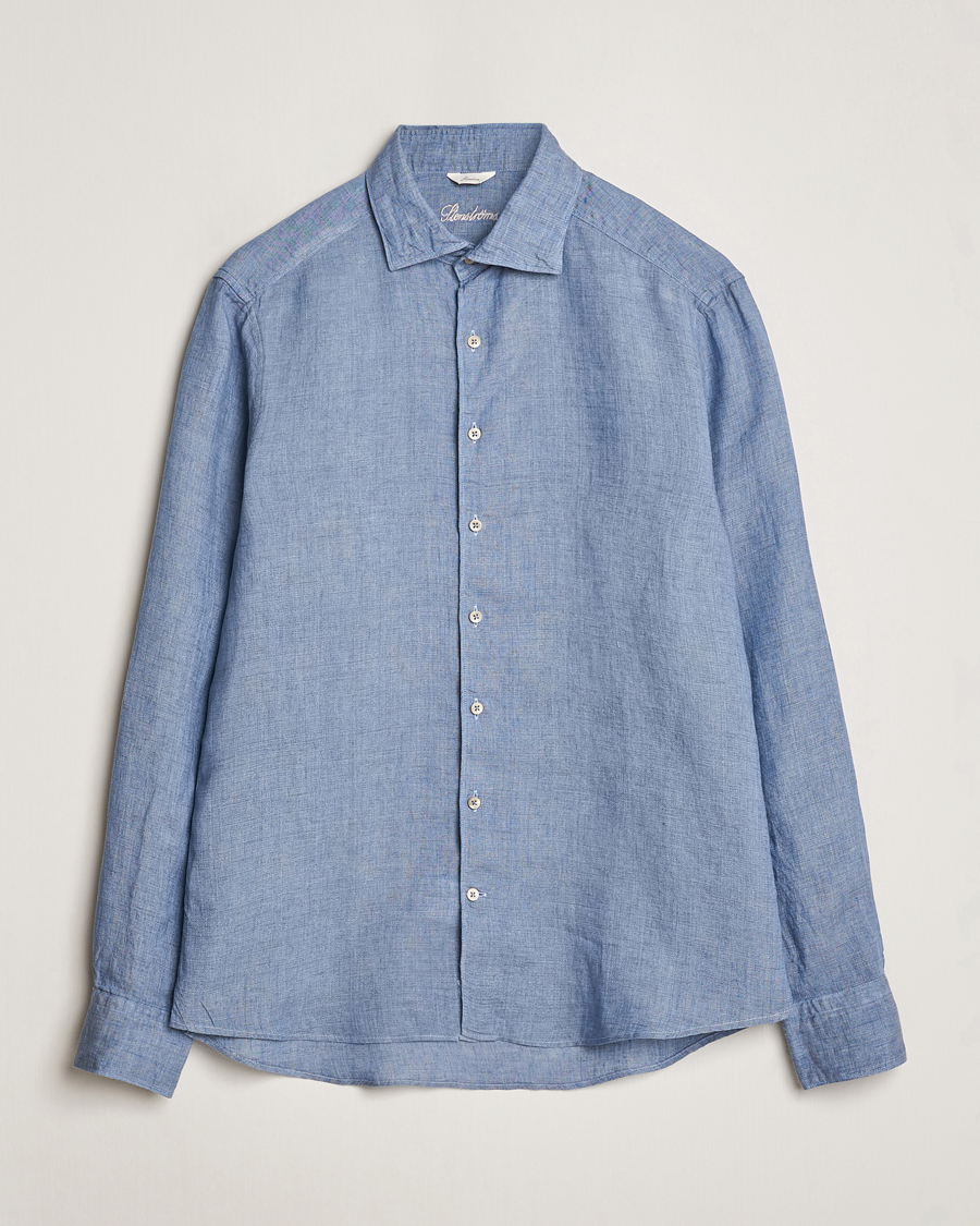 Herren | Hemden | Stenströms | Slimline Cut Away Linen Shirt Steel Blue