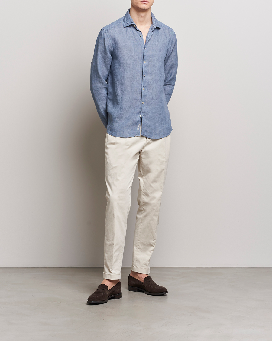 Herren | Hemden | Stenströms | Slimline Cut Away Linen Shirt Steel Blue