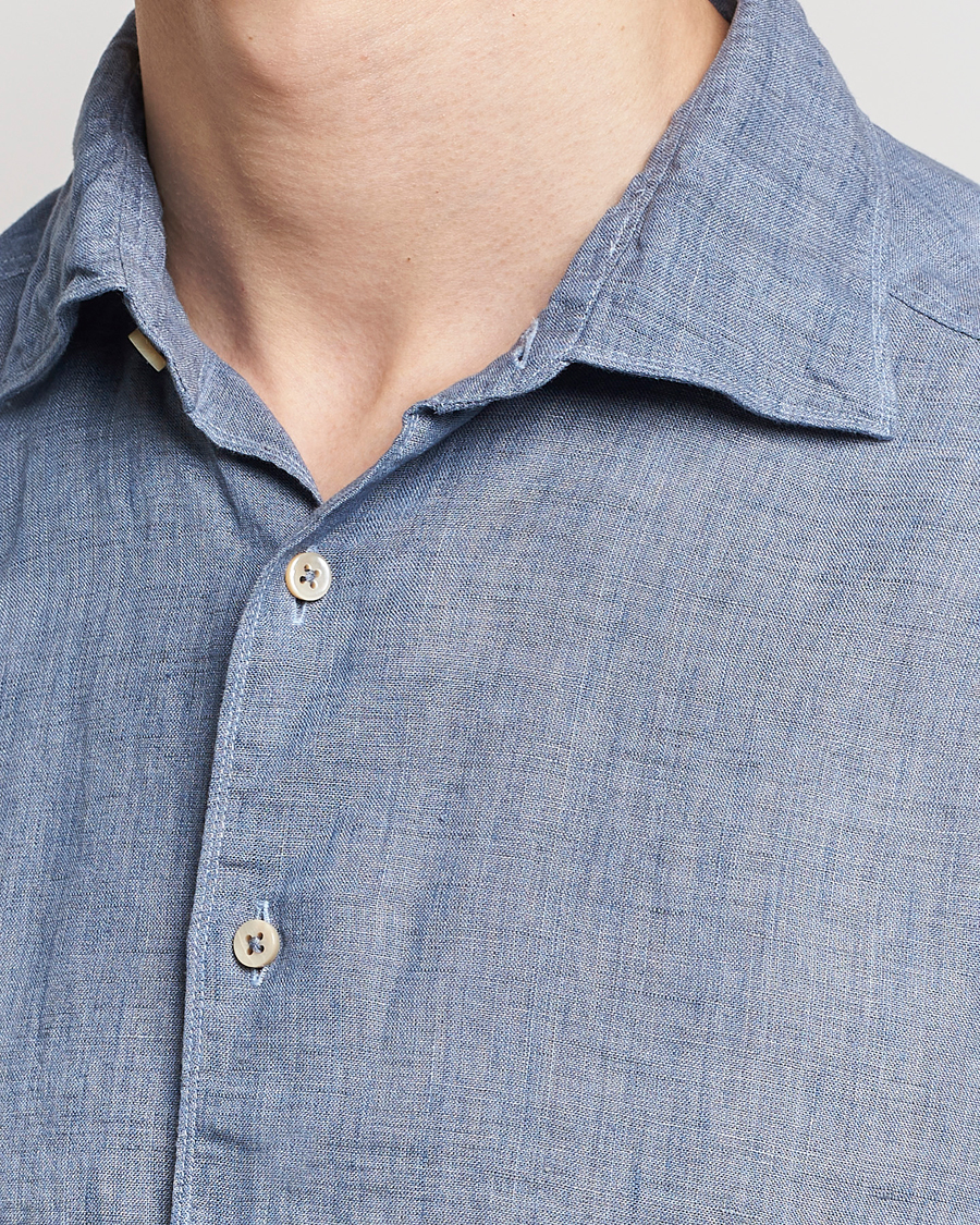 Herren | Hemden | Stenströms | Slimline Cut Away Linen Shirt Steel Blue