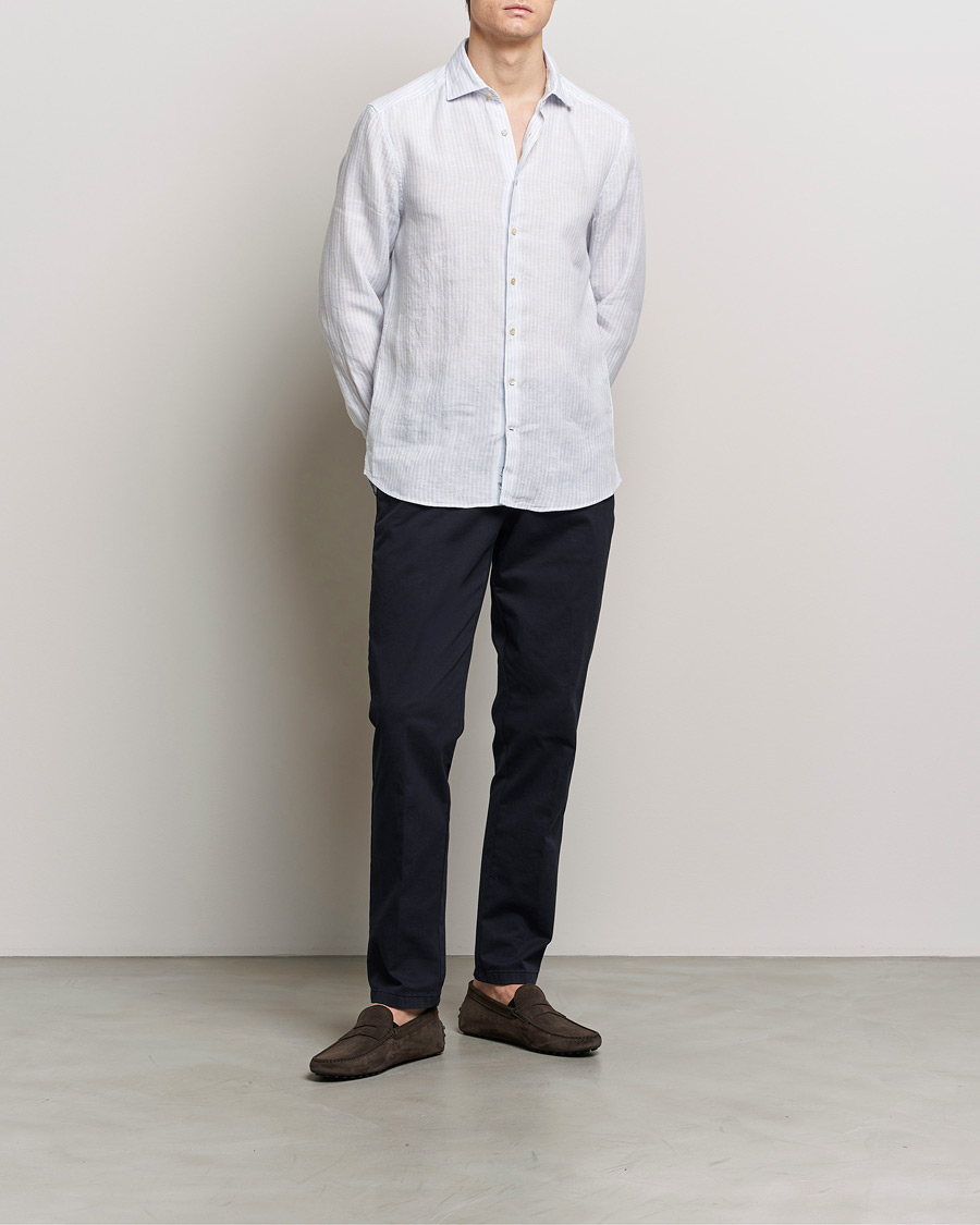 Herren | Hemden | Stenströms | Slimline Cut Away Striped Linen Shirt Light Blue