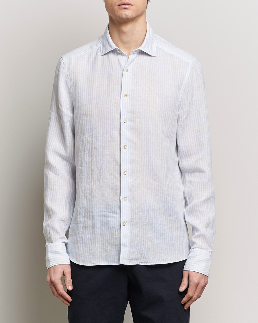 Herren | Hemden | Stenströms | Slimline Cut Away Striped Linen Shirt Light Blue