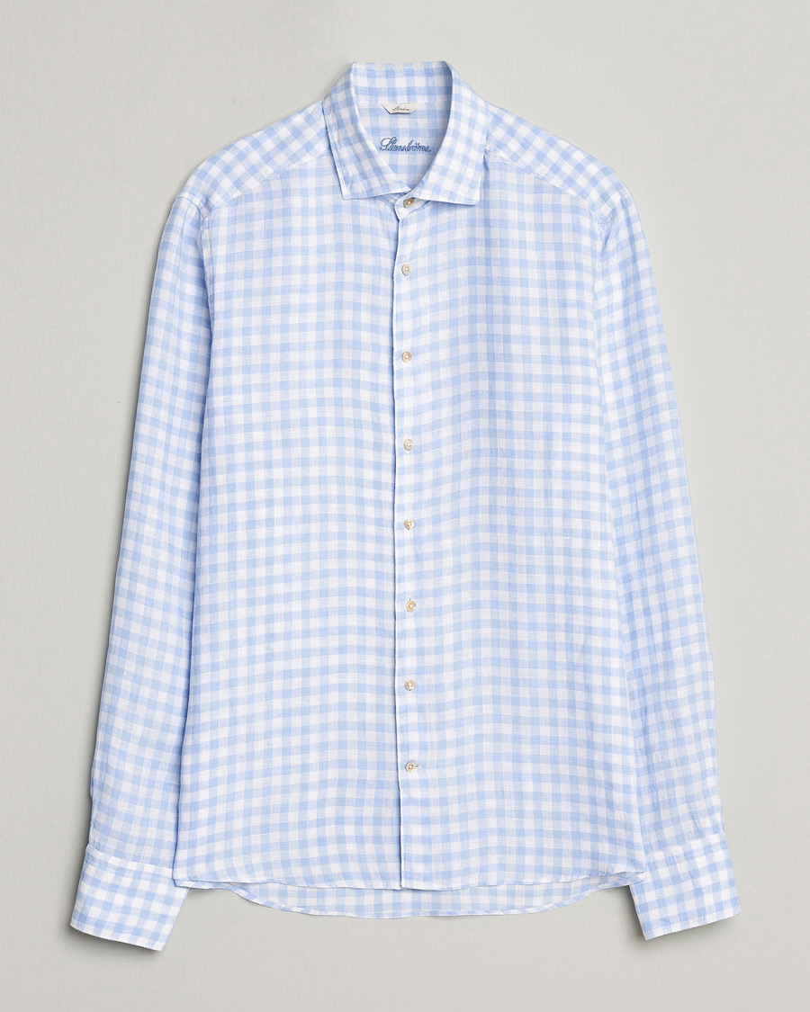 Herren | Hemden | Stenströms | Slimline Cut Away Checked Linen Shirt Light Blue
