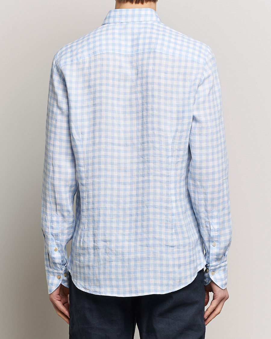 Herren | Hemden | Stenströms | Slimline Cut Away Checked Linen Shirt Light Blue