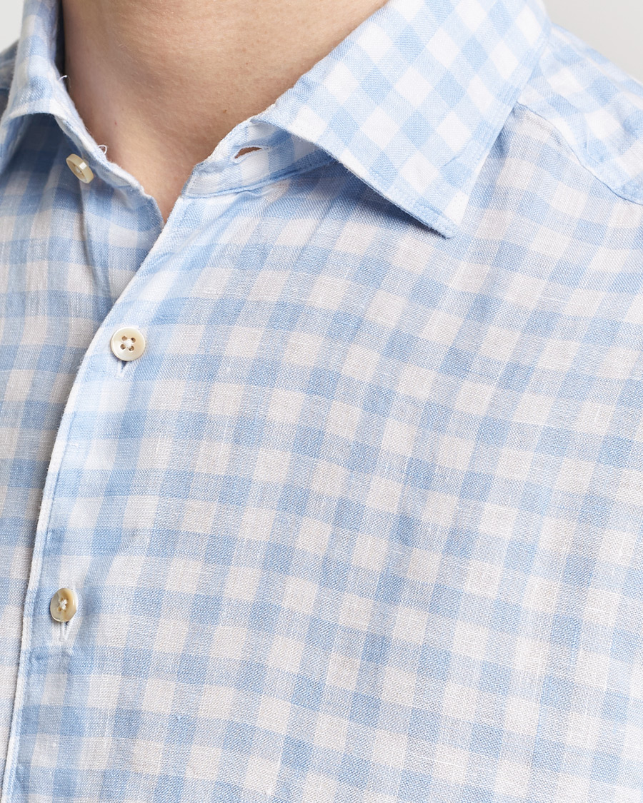 Herren | Hemden | Stenströms | Slimline Cut Away Checked Linen Shirt Light Blue