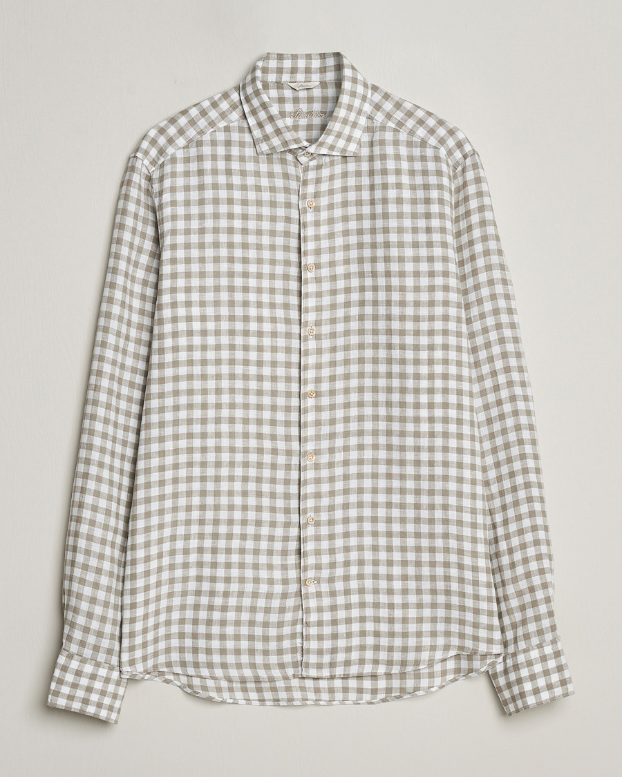 Herren | Hemden | Stenströms | Slimline Cut Away Checked Linen Shirt Light Grey
