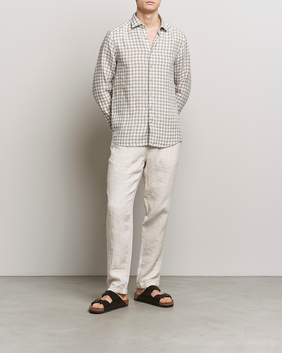 Herren | Hemden | Stenströms | Slimline Cut Away Checked Linen Shirt Light Grey