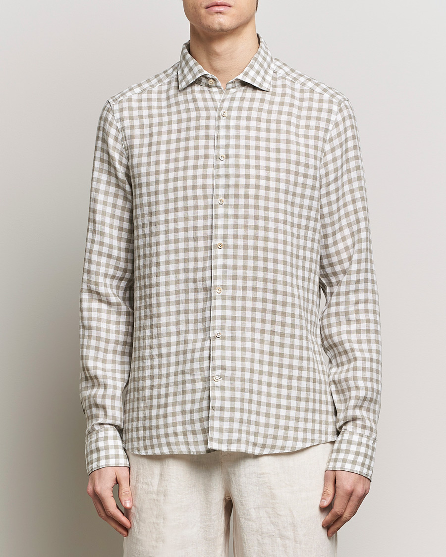 Herren | Hemden | Stenströms | Slimline Cut Away Checked Linen Shirt Light Grey