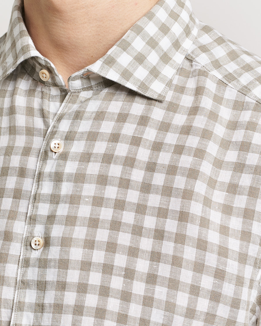 Herren | Hemden | Stenströms | Slimline Cut Away Checked Linen Shirt Light Grey