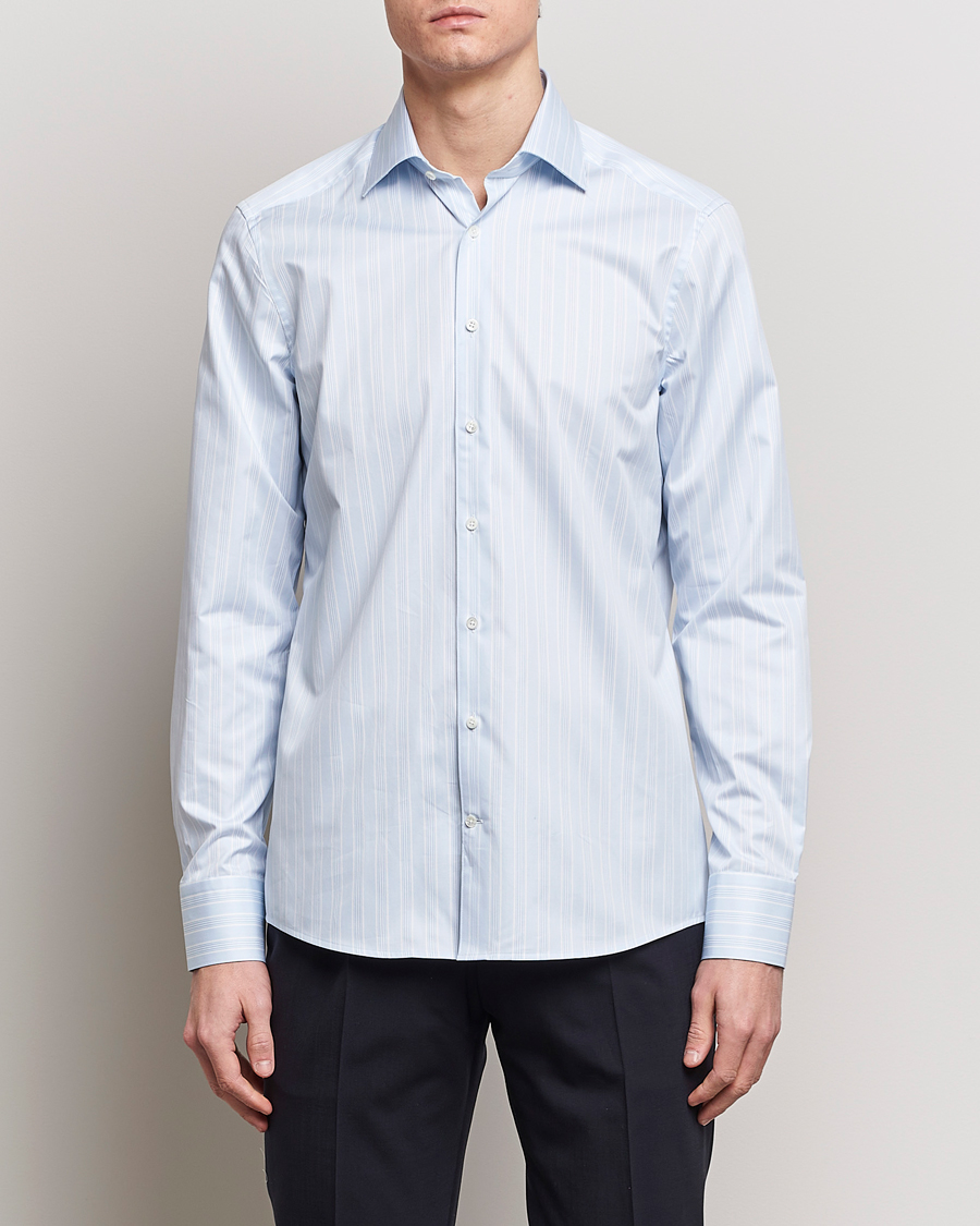 Herren | Hemden | Stenströms | Slimline Cut Away Multi Stripe Shirt Light Blue