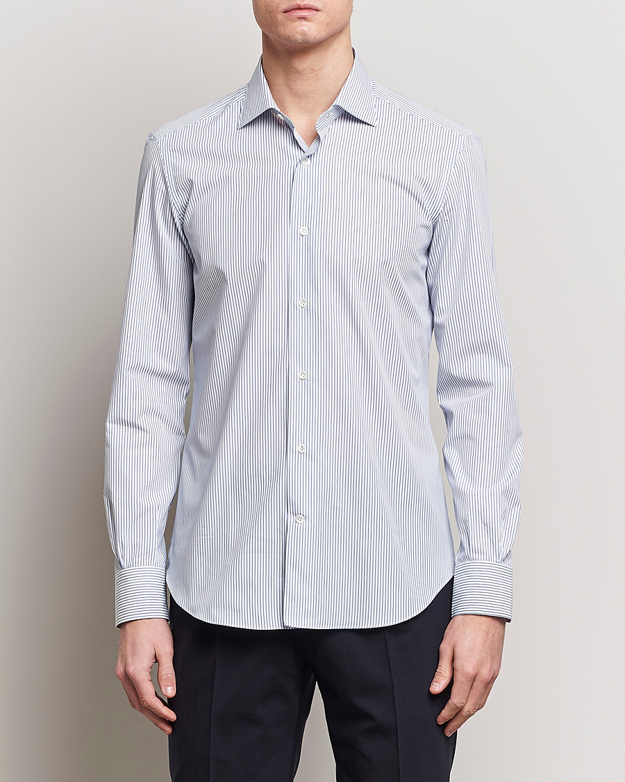 Men | Mazzarelli | Mazzarelli | Soft Cotton Cut Away Shirt Blue Pinstripe