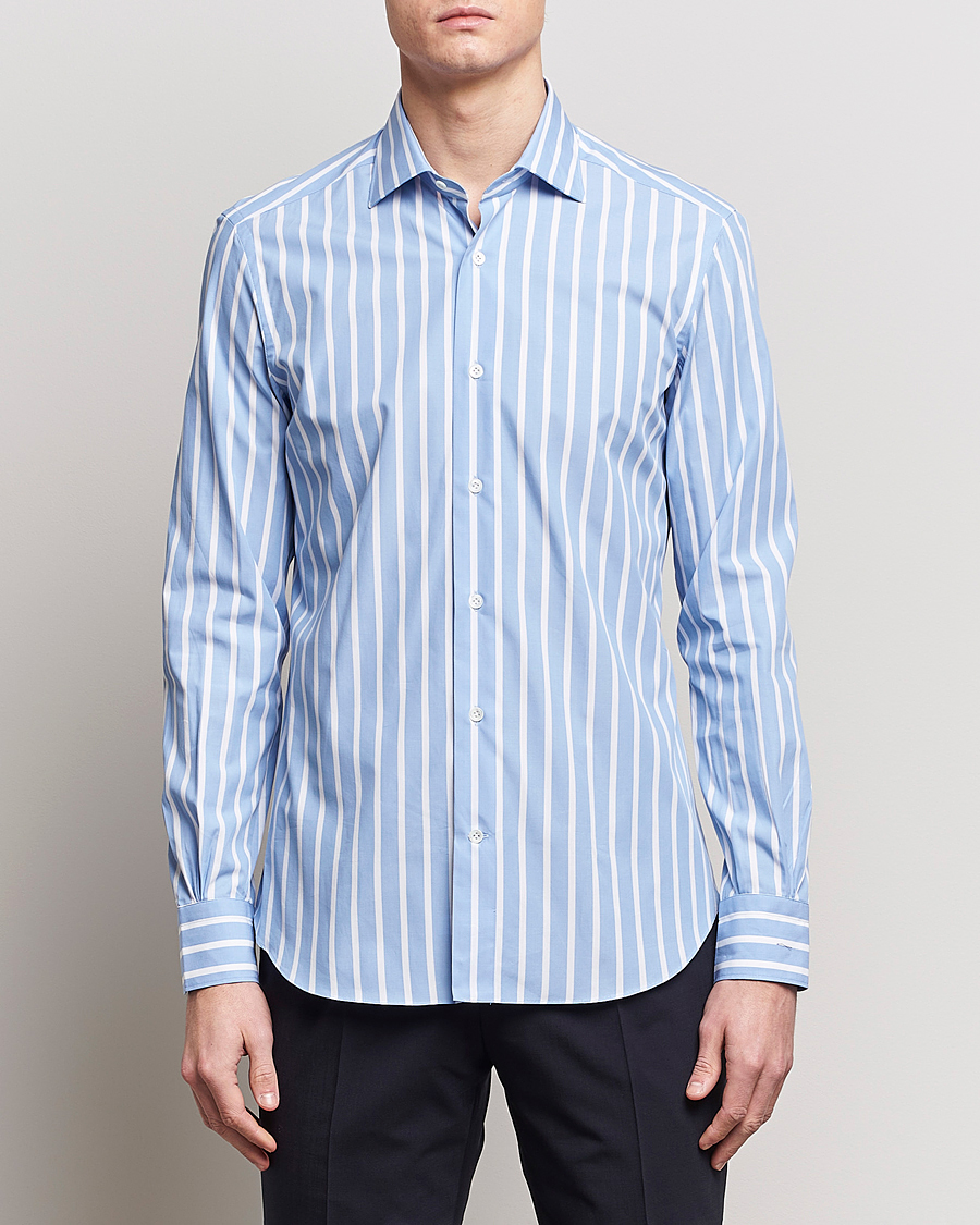 Herren | Italian Department | Mazzarelli | Soft Cotton Cut Away Shirt Blue/White Stripe