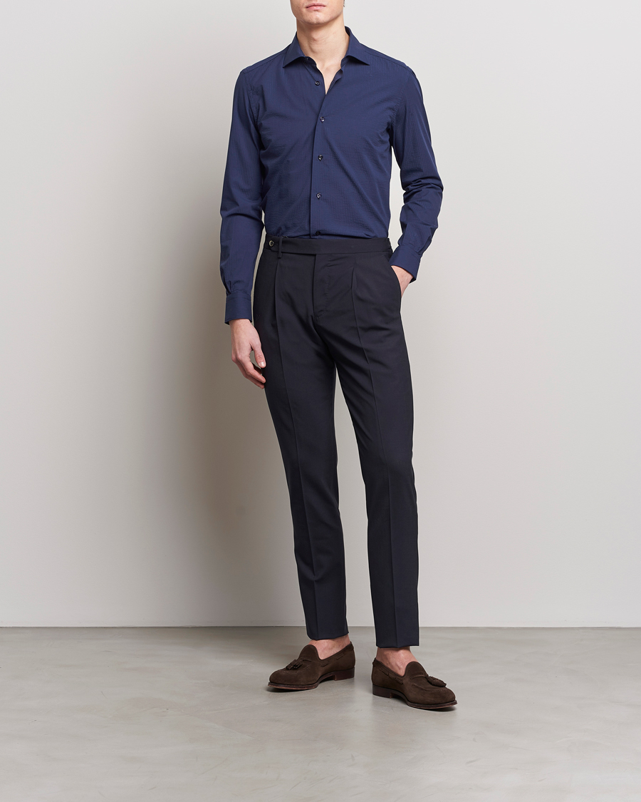 Herren | Hemden | Mazzarelli | Soft Tonal Seersucker Shirt Navy