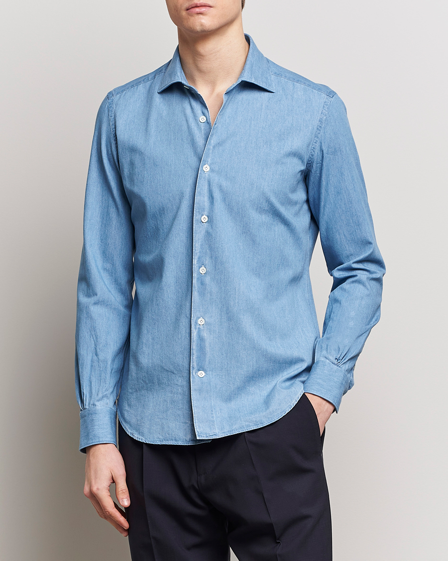 Men | Denim Shirts | Mazzarelli | Soft Cotton Denim Shirt Blue Wash