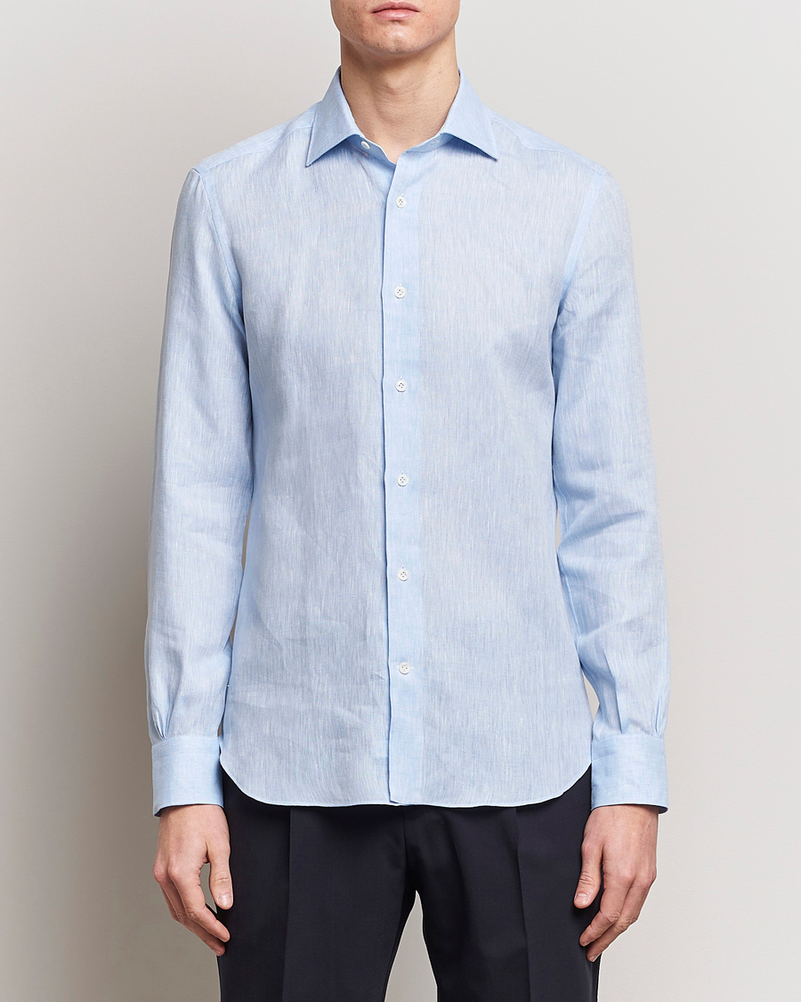 Herren | Leinenhemden | Mazzarelli | Soft Linen Cut Away Shirt Light Blue