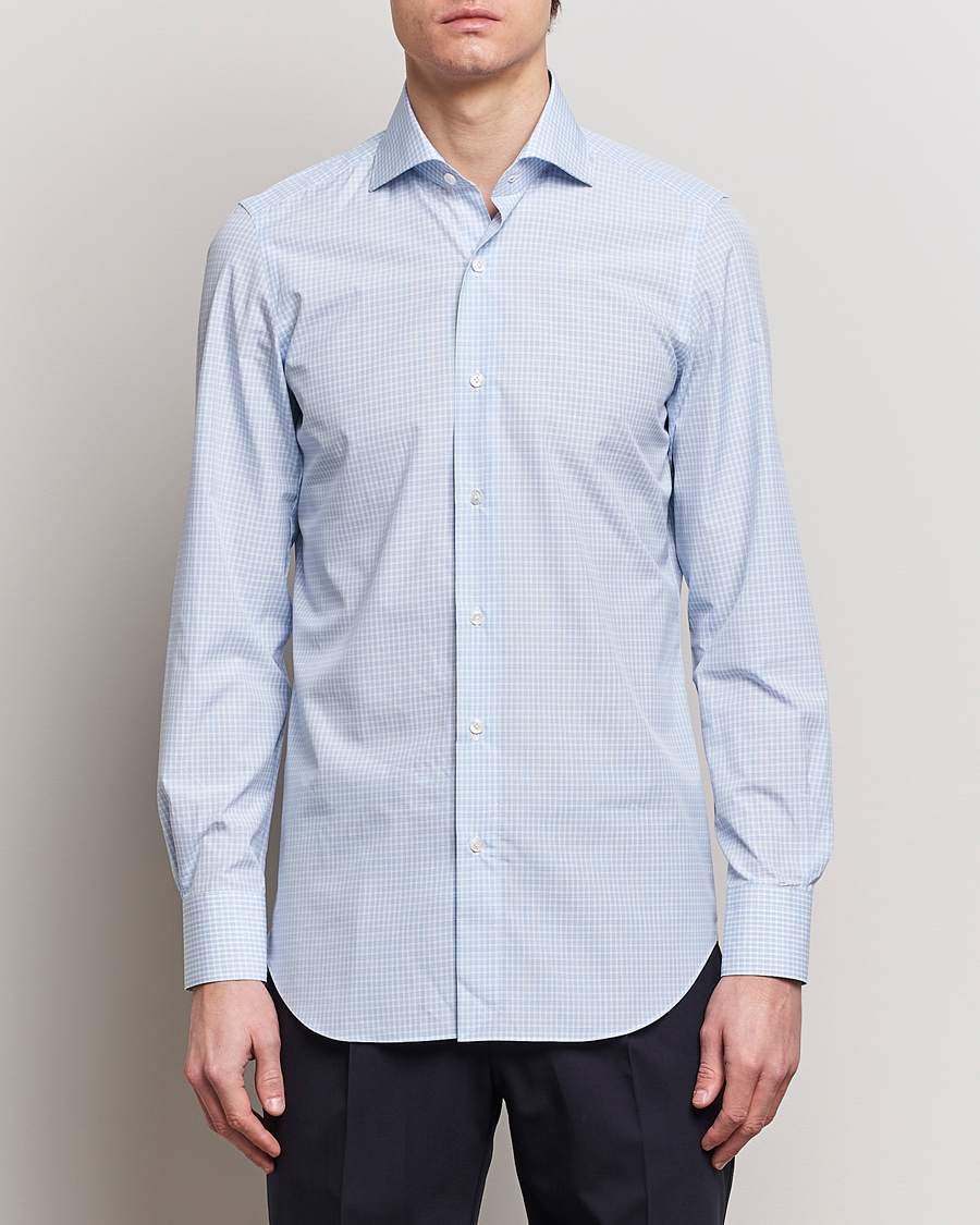 Herren | Hemden | Finamore Napoli | Milano Slim Checked Dress Shirt Light Blue