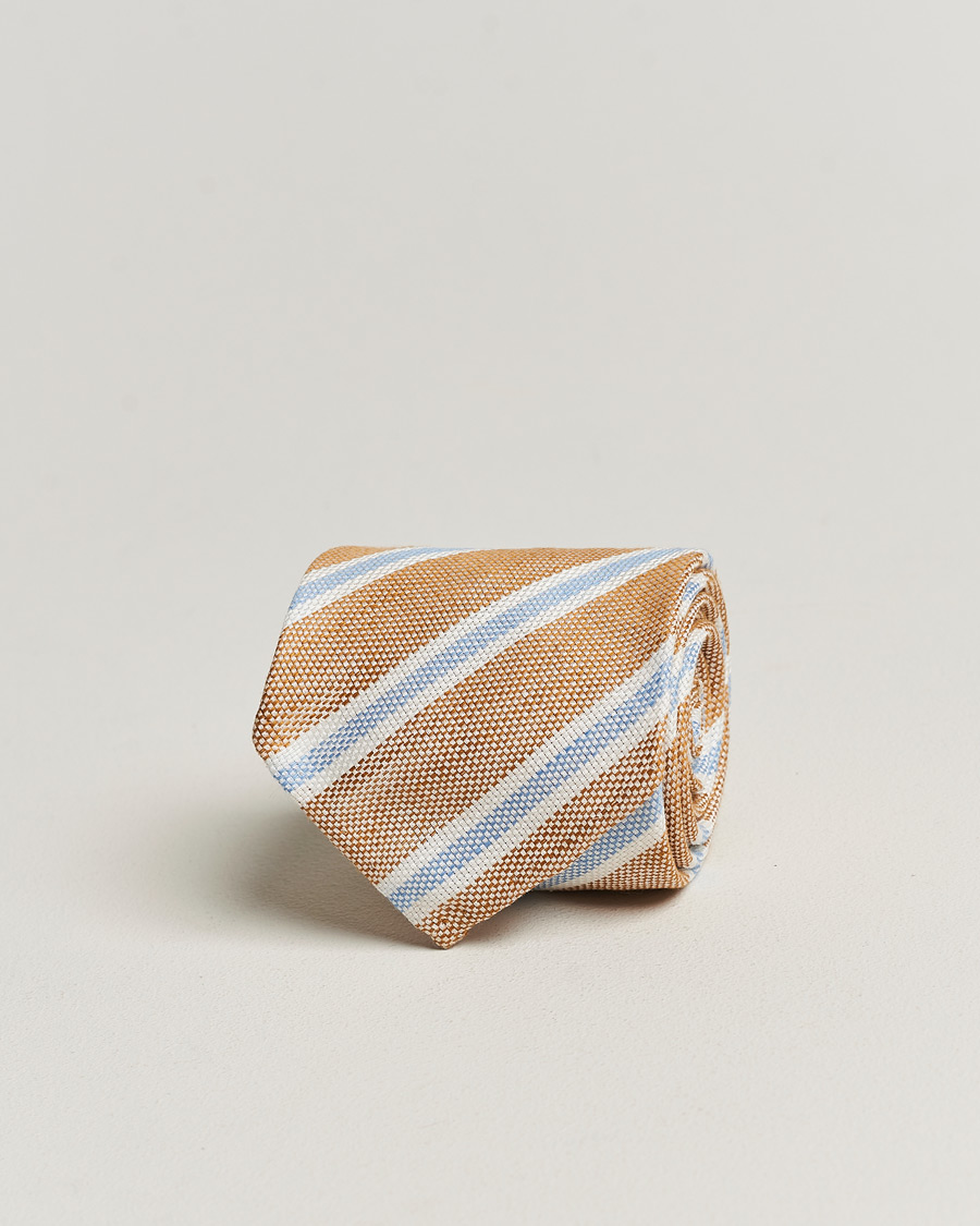 Herren | Finamore Napoli Regimental Stripe Linen Tie Beige/Blue | Finamore Napoli | Regimental Stripe Linen Tie Beige/Blue