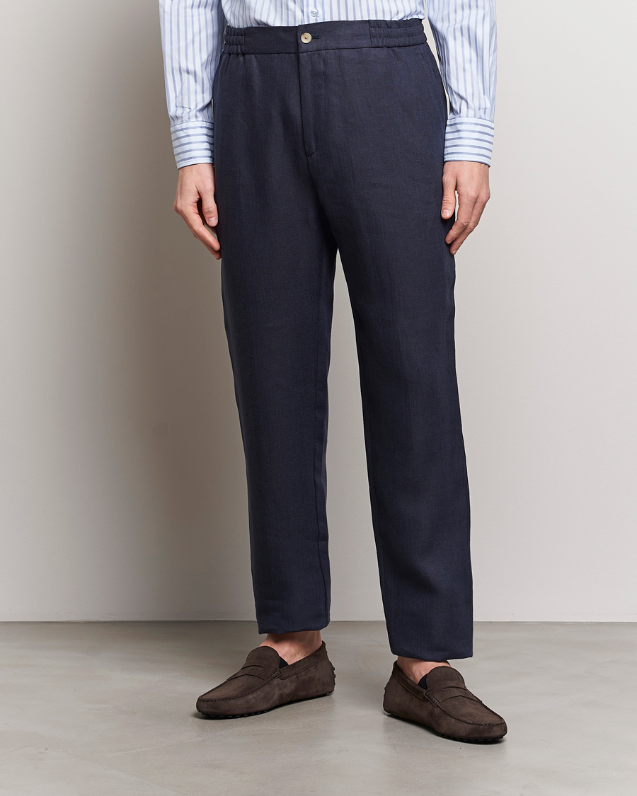 Herren | The Linen Lifestyle | Etro | Linen Drawstring Trousers Navy