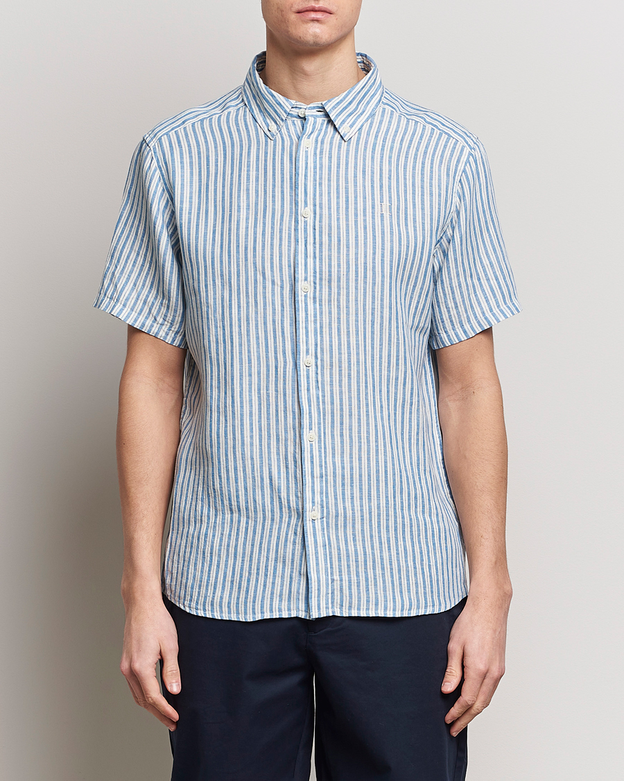 Herr | Kortärmade skjortor | LES DEUX | Kris Linen Striped Short Sleeve Shirt Blue/Ivory