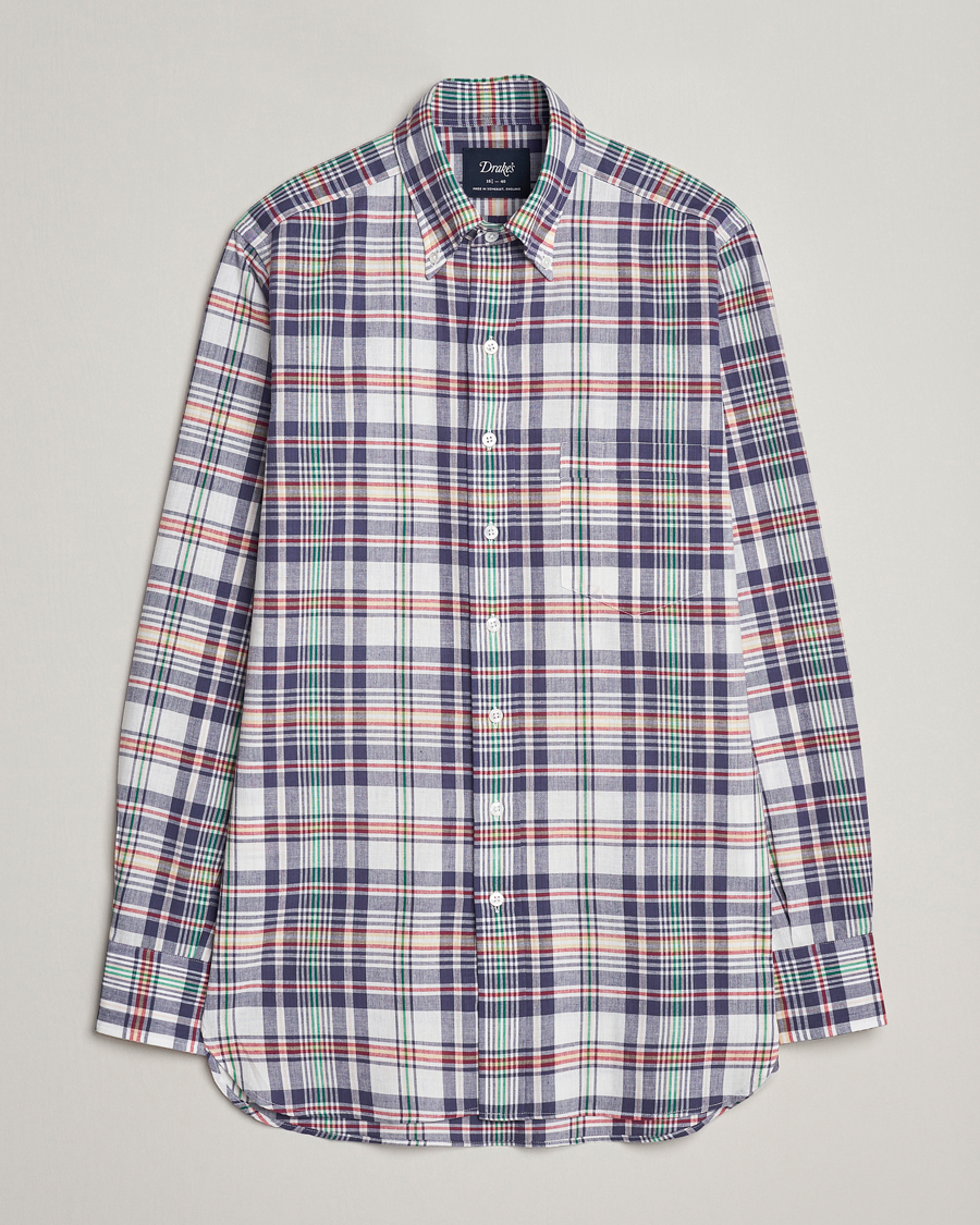 Herren | Hemden | Drake's | Madras Checked Linen Button Down Shirt Navy