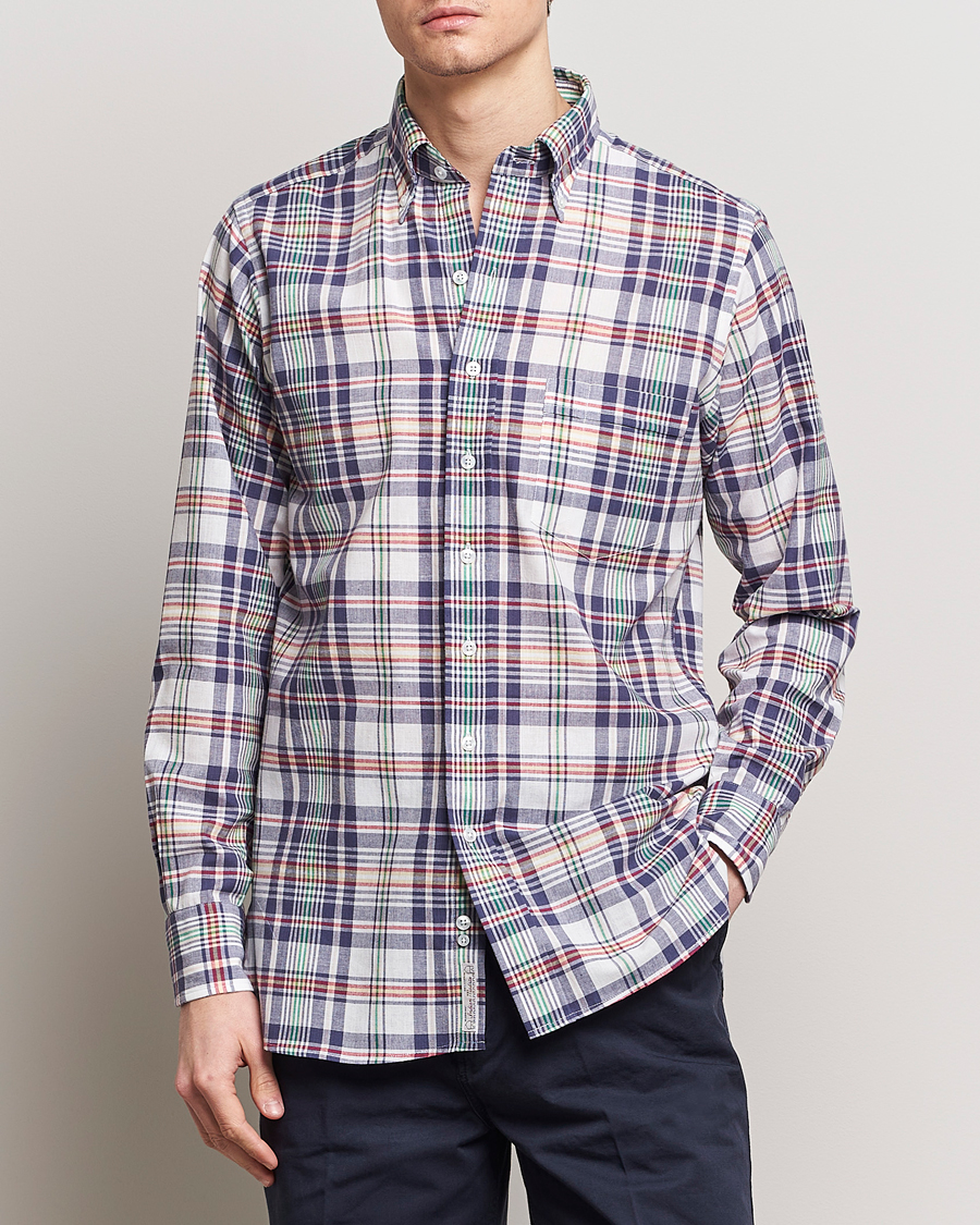 Herr | Preppy Authentic | Drake\'s | Madras Checked Linen Button Down Shirt Navy