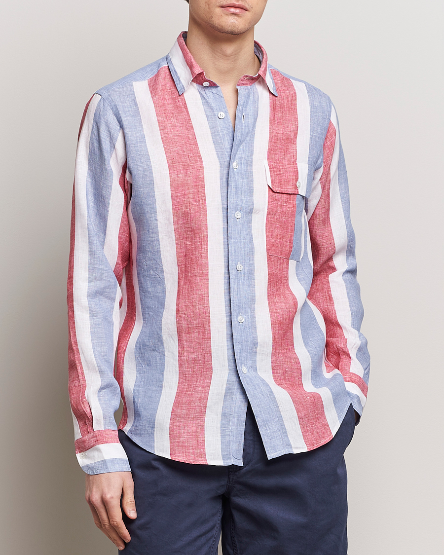 Herren | Hemden | Drake's | Thick Stripe Linen Shirt Red/Blue