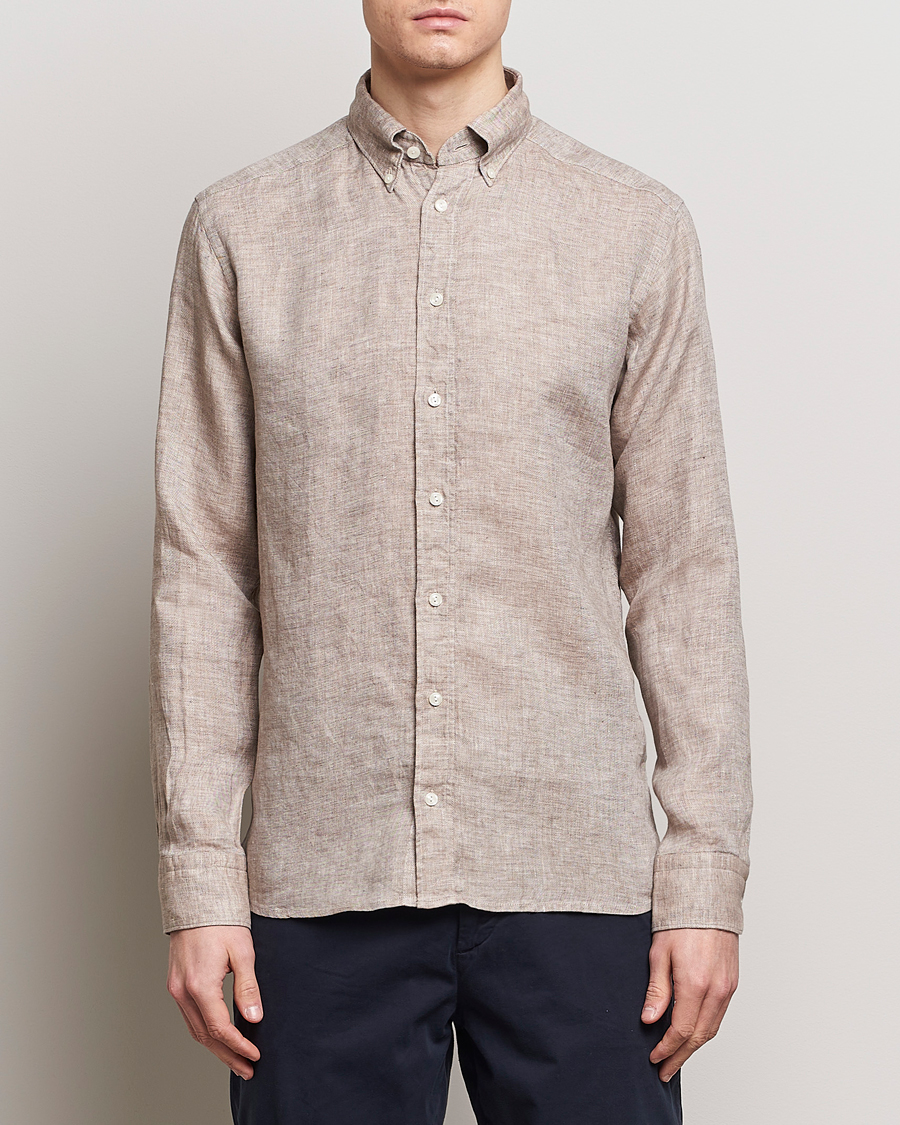 Men | Linen Shirts | Eton | Slim Fit Linen Button Down Shirt Brown