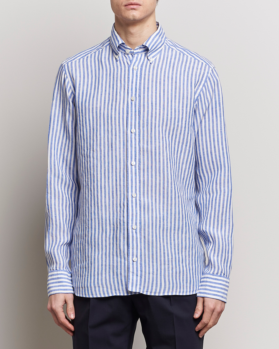 Herren | Leinenhemden | Eton | Slim Fit Striped Linen Shirt Blue/White