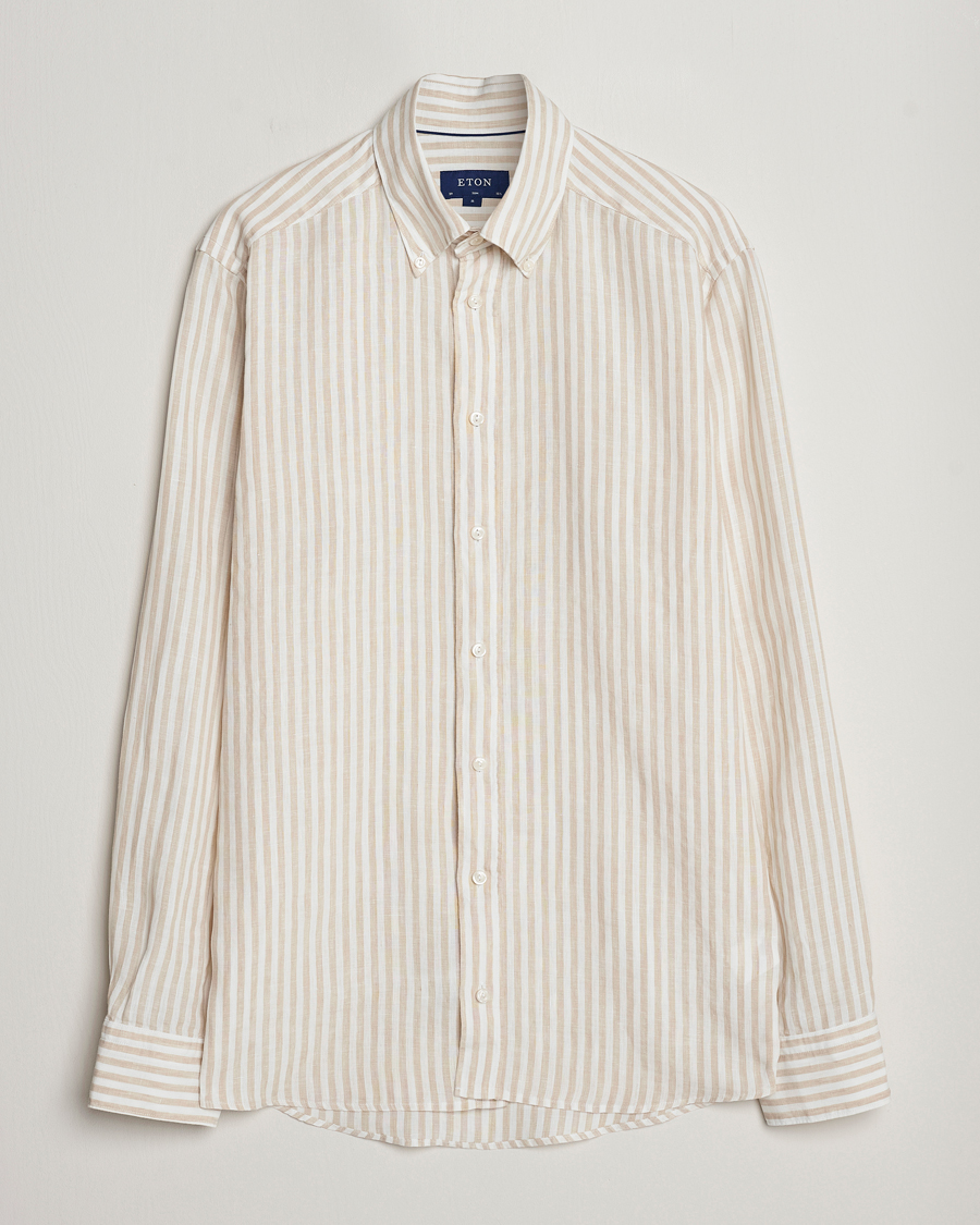 Herren | Hemden | Eton | Slim Fit Striped Linen Shirt Beige/White