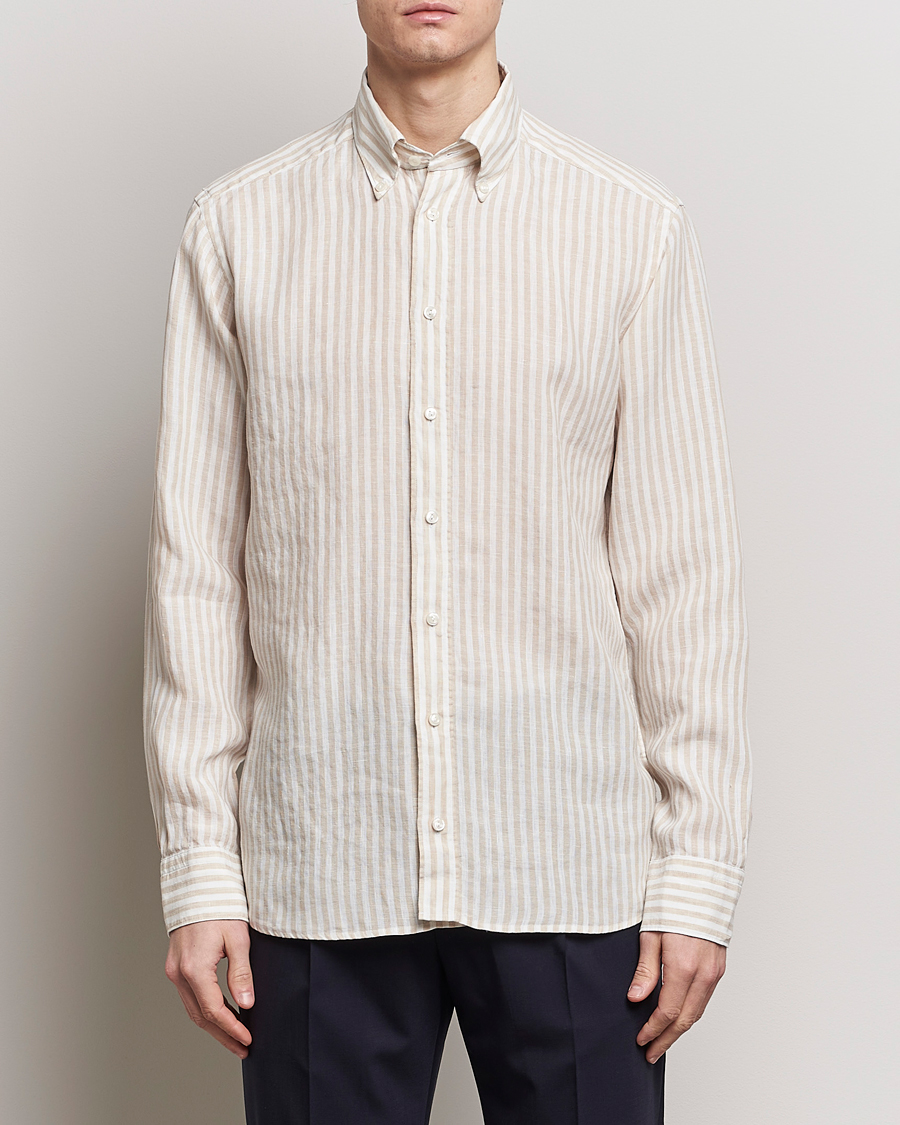 Herren | The Linen Lifestyle | Eton | Slim Fit Striped Linen Shirt Beige/White
