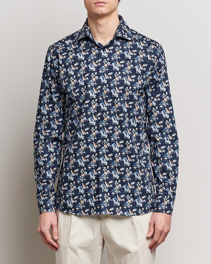 Herren | Businesshemden | Eton | Slim Fit Twill Printed Flower Shirt Navy Blue