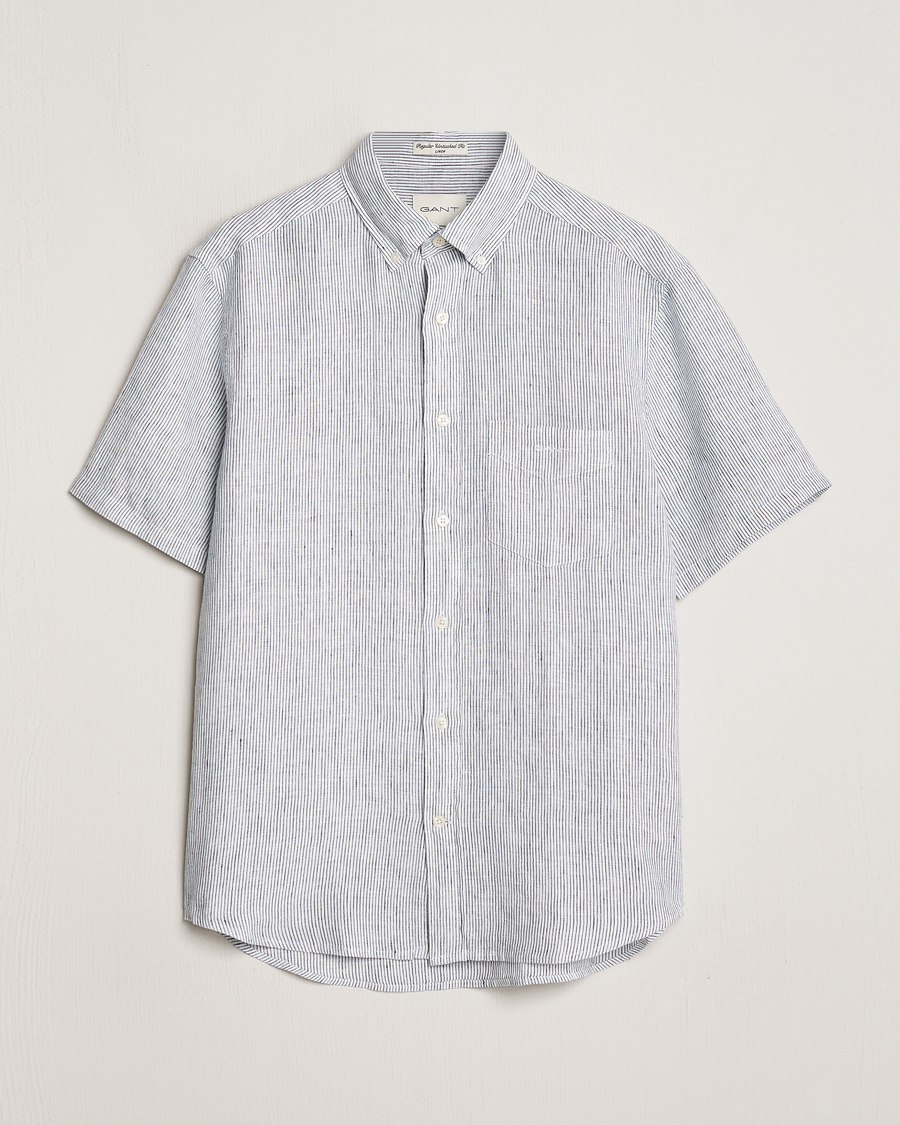 Herren | Hemden | Gant | Regular Fit Striped Linen Short Sleeve Shirt White/Blue