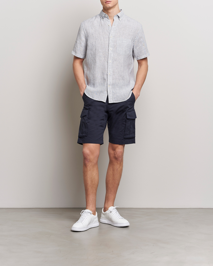 Herren | Hemden | Gant | Regular Fit Striped Linen Short Sleeve Shirt White/Blue