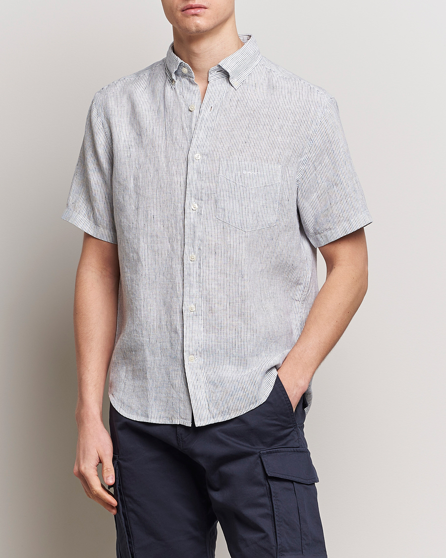 Herren | Freizeithemden | GANT | Regular Fit Striped Linen Short Sleeve Shirt White/Blue