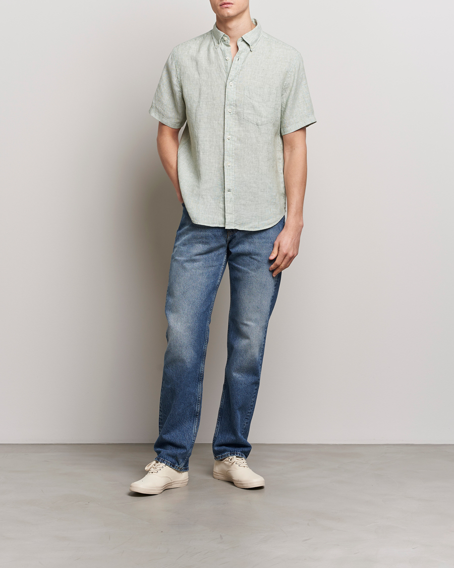 Herren | Hemden | Gant | Regular Fit Striped Linen Short Sleeve Shirt Green/White