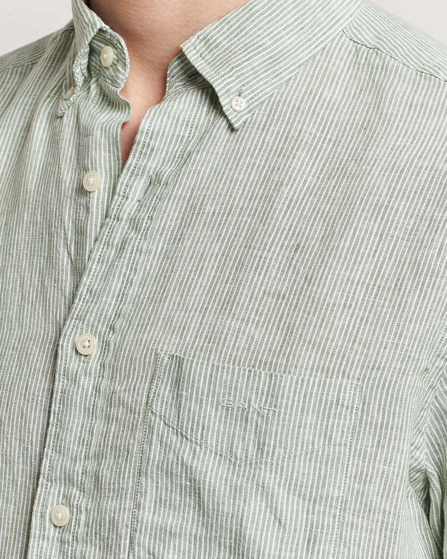 Herren | Hemden | Gant | Regular Fit Striped Linen Short Sleeve Shirt Green/White
