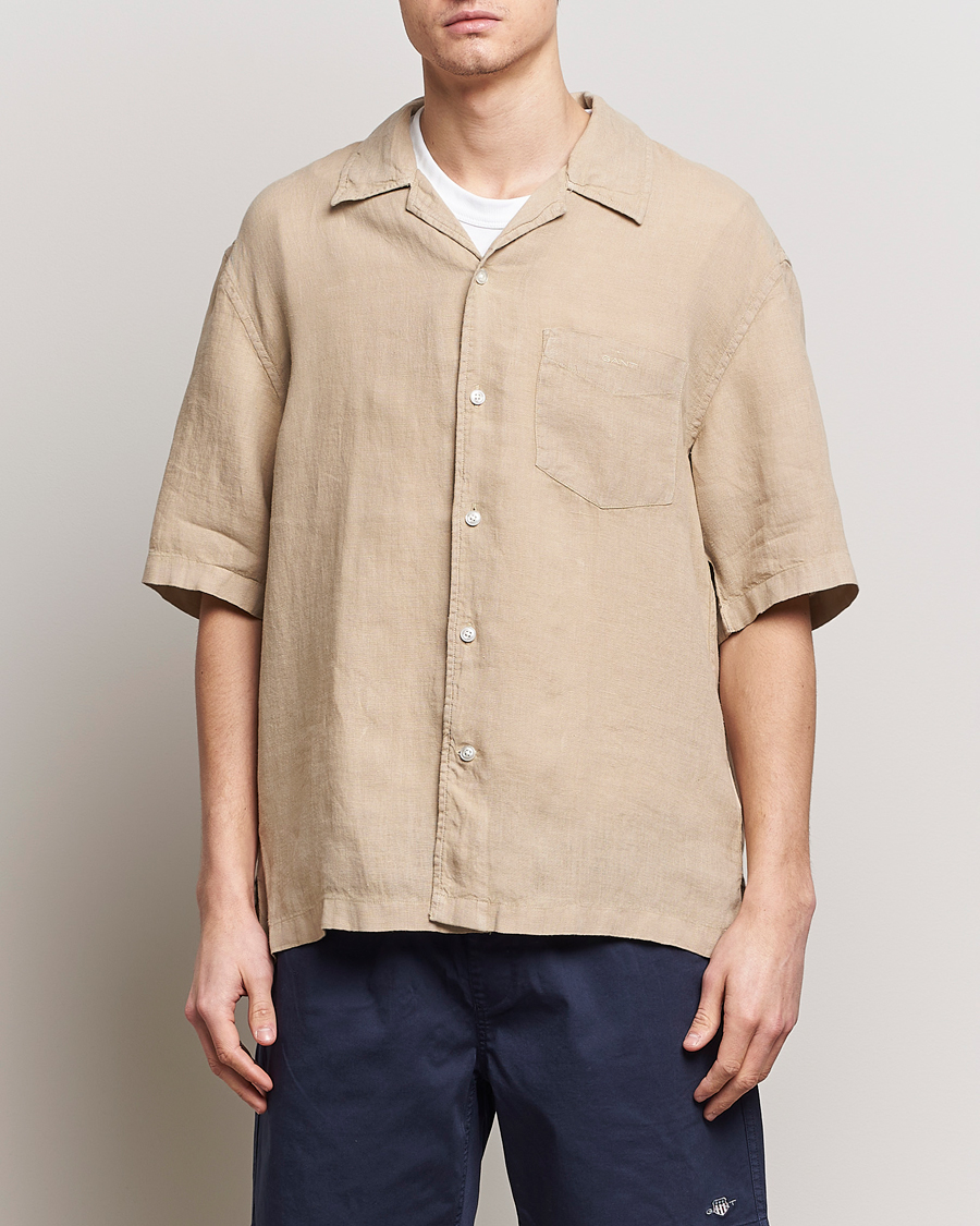 Herren | Hemden | GANT | Relaxed Fit Linen Resort Short Sleeve Shirt Concrete Beige