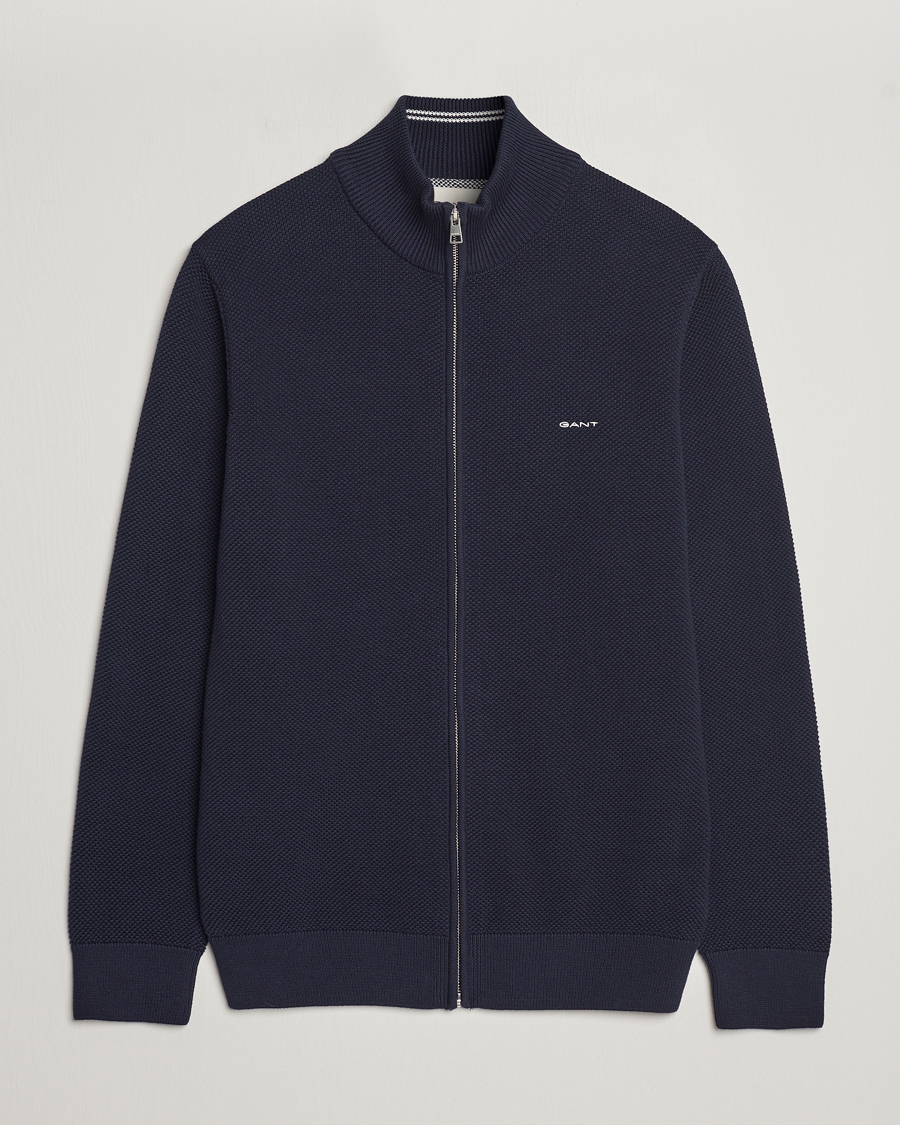 Herren | Pullover | GANT | Cotton Pique Full-Zip Sweater Evening Blue