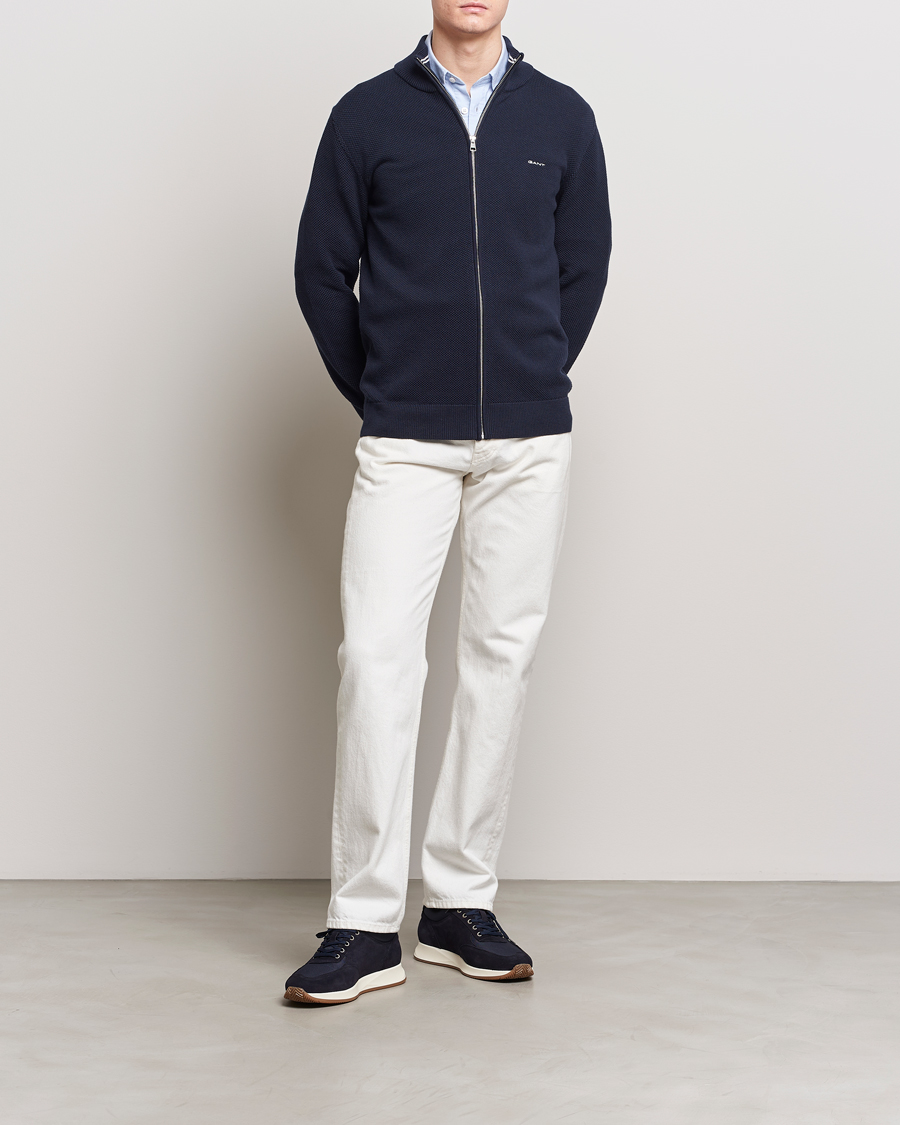 Herren | Pullover | GANT | Cotton Pique Full-Zip Sweater Evening Blue